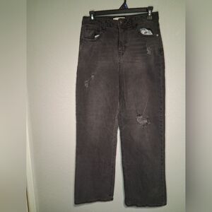 SO Super High Rise Wide Leg Women’s 8 Black Denim Distressed Knee Pockets Jeans